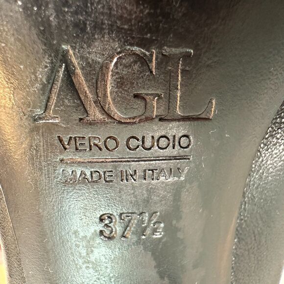 AGL Black Leather Chunky Heel Studded Pointed Cap Toe Heels Size 37.5 (US 7) - Picture 5 of 9